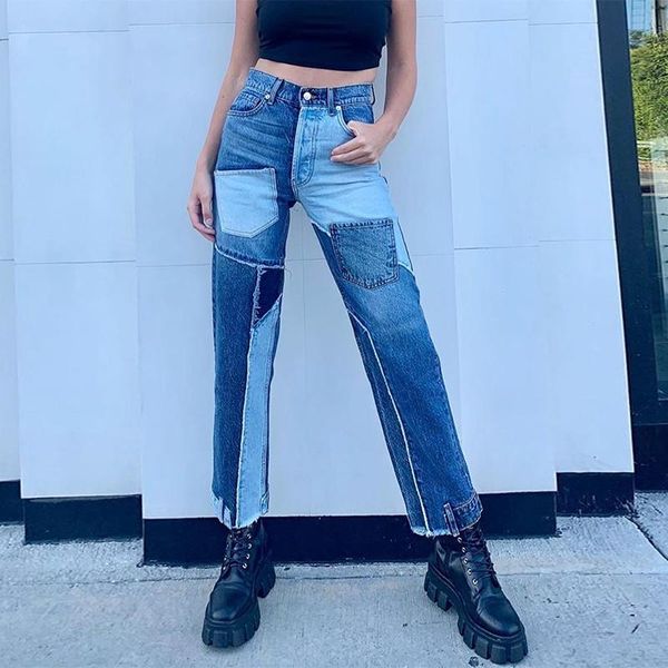 

women's jeans streetwear high waist slim denim pants women zipper up hip hop patchwork straight street wear long trousers loose, Blue