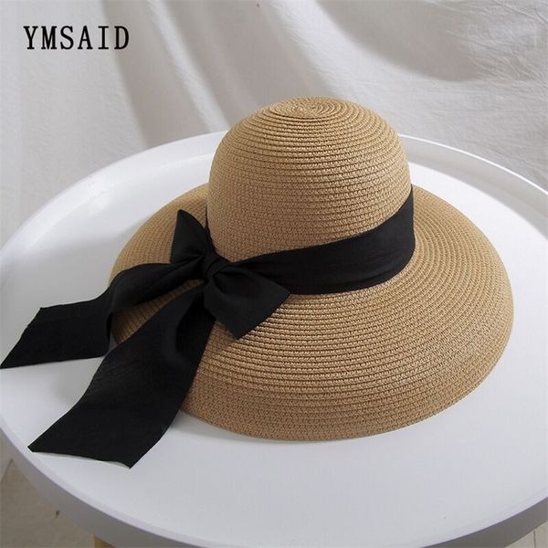 

summer women's big bow sun hat hepburn style vintage design wide side straw solid color anti-uv holiday beach 220312, Blue;gray