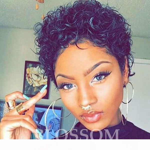 

short tight afro curly wig brazilian afro kinky curly hair wig glueless none lace human hair wigs, Black;brown
