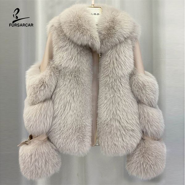 

fursarcar new real natrual fox fur coat women's winter sheep skin jacket thick fur genuine motorcycle leather fur outwear 201212, Black