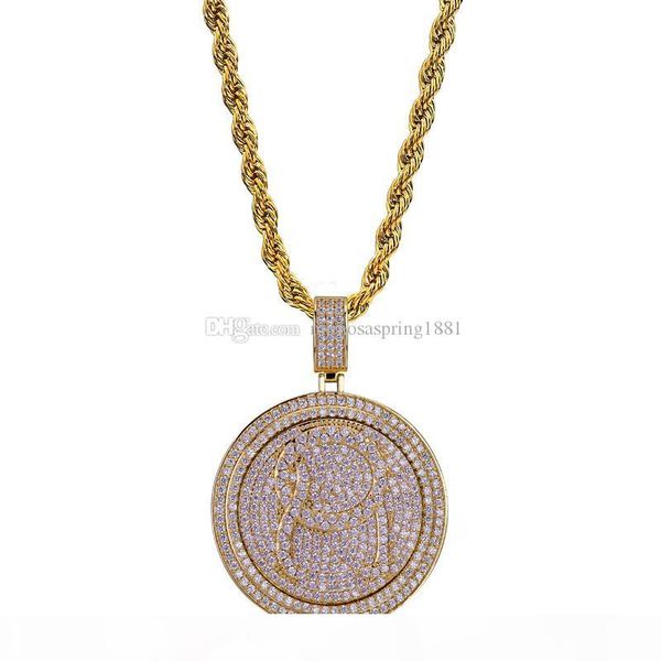 

spin round pendant necklace men bling cubic zirconia ice out gold jewelry silver plated new fashion hip hop necklace