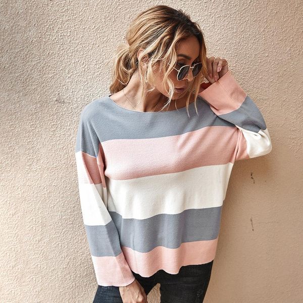 

autumn winter striped knitted sweater women fashion office lady o neck full sleeve pullovers 2021 new balck gray oversize, White;black