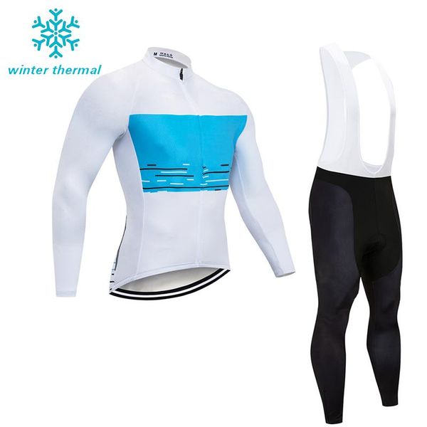 

fleece cycling jersey set men's winter thermal long sleeve bike bib pants kits white, Black;blue
