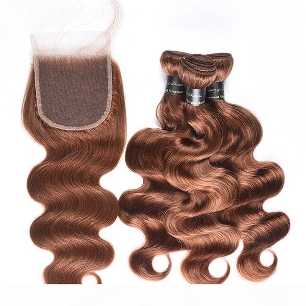 

peruvian virgin hair body wave bundles with closure 9a peruvian body wave bundles with closure color 30# light brown human hair extension, Black;brown