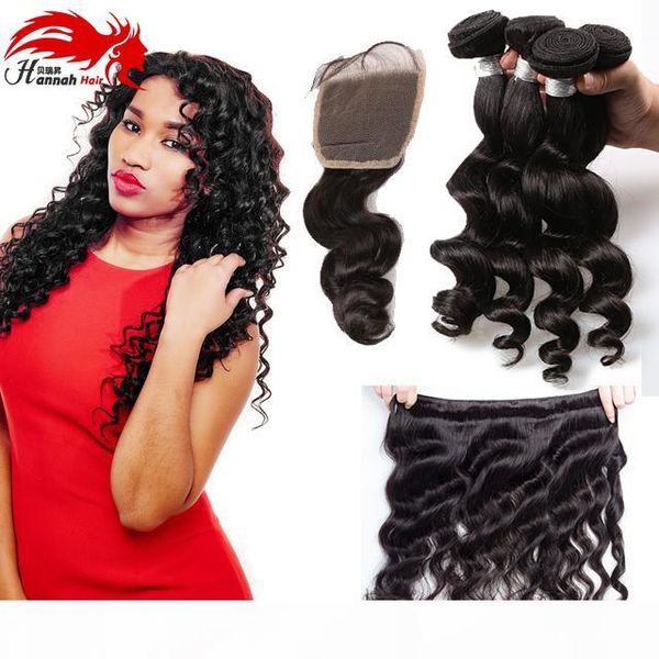 

brazilian loose wave with closure 4 pcs brazilian virgin hair lace closure brazilian human hair weave bundles loose curl wave, Black