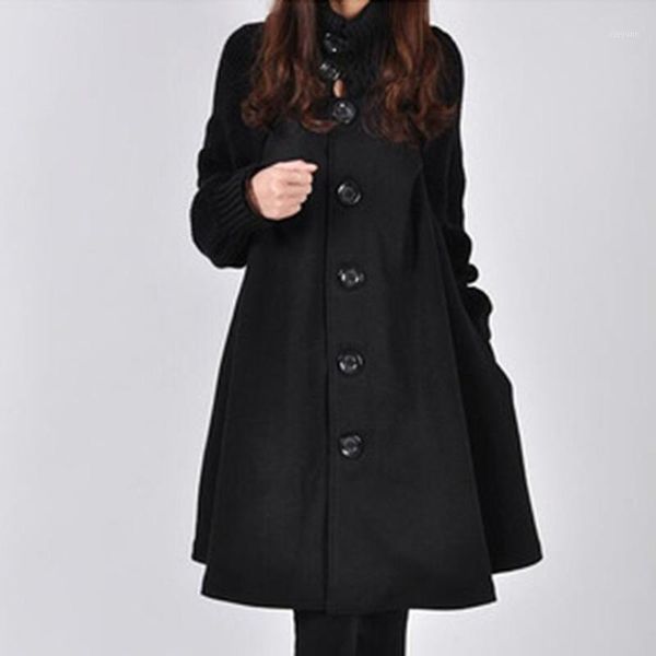 

2019 autumn winter new women's woolen coat female single-breasted windbreaker winter cloak knit long-sleeved high o-neck trench1, Tan;black
