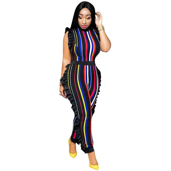 

adogirl side ruffles sleeveless striped women jumpsuits sensual cinch side ruffles suits multi color stripe zip-up bodysuit, Black;white