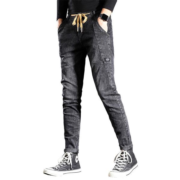 

fall/winter black mid-waist jeans youth trousers tapered overalls jeans drawstring baggy ropa hombre men cargo pants, Blue
