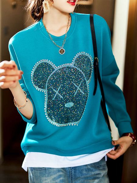 

2sf4bsuki fake two piece drill bear sweater fall 2020 new loose women's space cotton top, Black