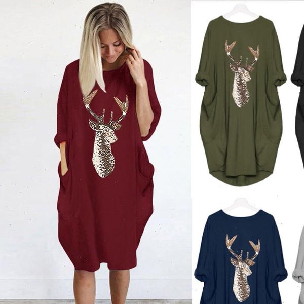 

plus size dress womens casual loose dress ladies o neck long pocket christmas dress autumn winter ladies 45, Black;gray