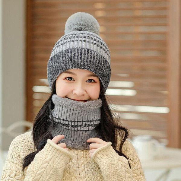 Nuove donne inverno berretto sciarpa set cappello di lana lavorato a maglia maschera ragazze dolce carino velluto caldo berretti da ciclismo spessi berretti da donna