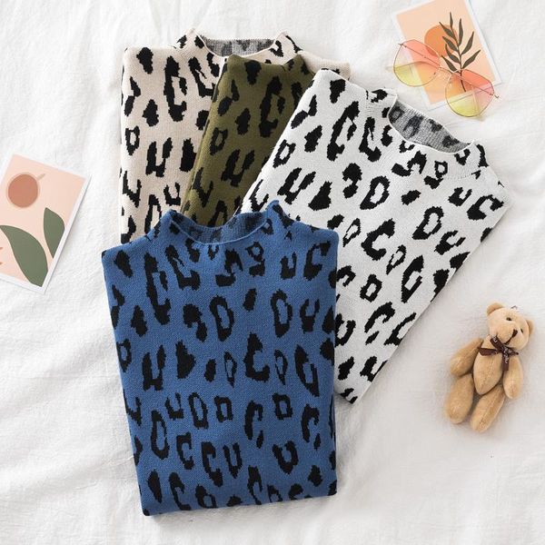 

women's sweaters turtleneck knitted long sleeve shirt autumn winter 2021 slim leopard print pullover sweater with trend, White;black