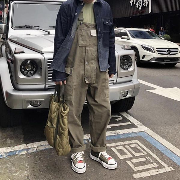 

men's pants overalls cargo denim vintage strap jumpsuit loose hip hop casual american male long trousers work clothes uniform, Black