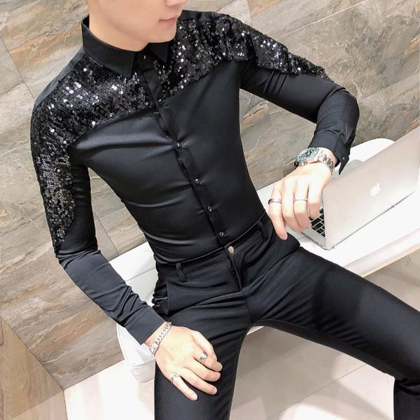 

men's casual shirts 2021 spring long-sleeved shirt male korean version of the trend stitching hair stylist night field personality slim, White;black