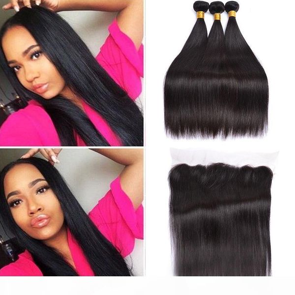 

ear to ear 13x4 lace frontal closure with 3 bundles silky straight malaysian unprocessed virgin human hair with frontal, Black;brown