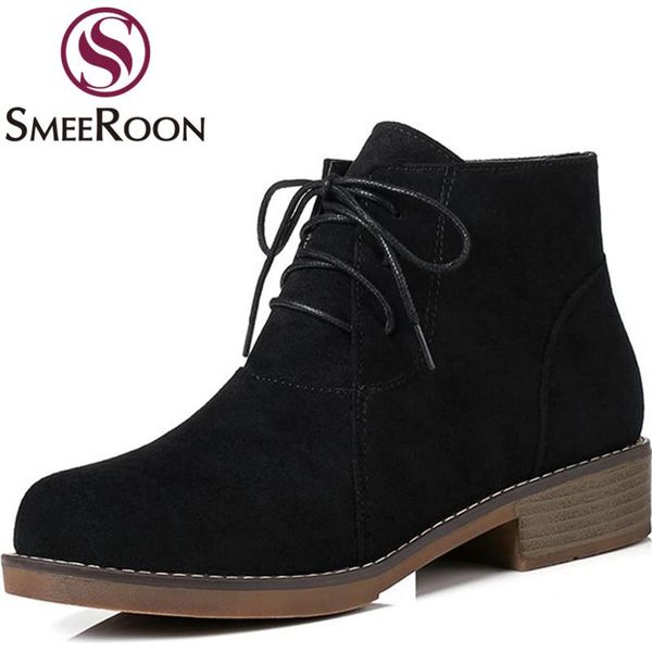 

boots smeeroon flock ankle for women elegant cross-tied warm winter round toe thick med heels campus shoes, Black