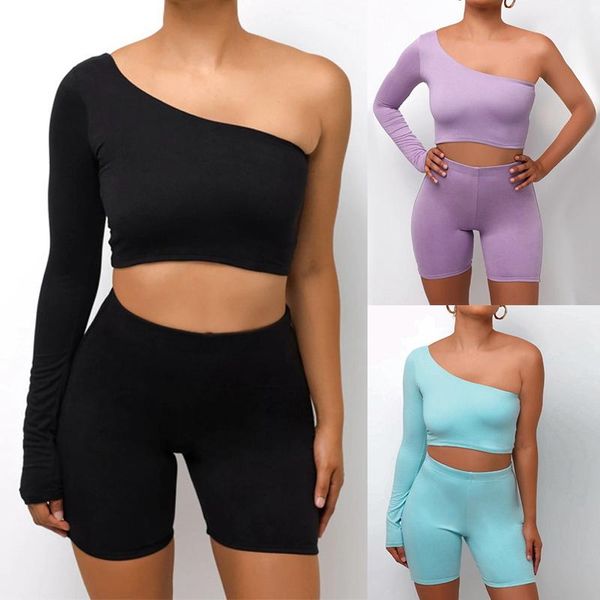 

running sets solid asymmetrical 2 piece women tracksuit crop +elastic bike shorts sporty matching suits, Black;blue
