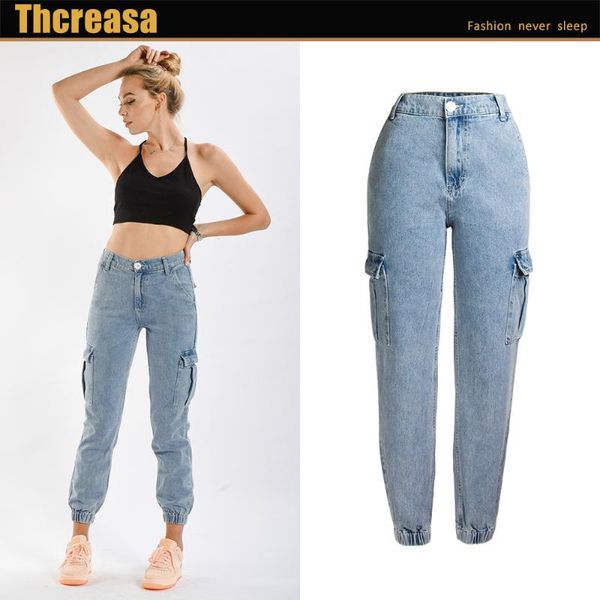 

high-waisted jeans female spring and autumn harlan trousers loose legs loose waist large pocket jeans, Blue