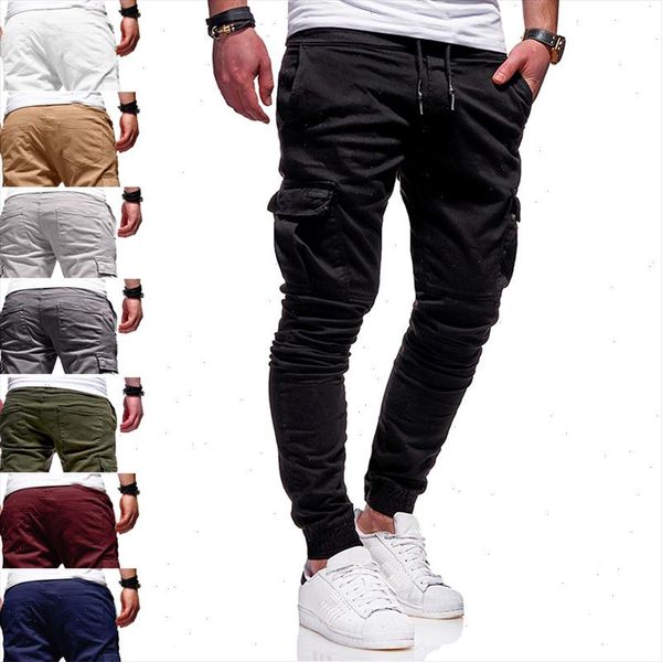 

men fitness gyms cargo cotton pants outdoor casual sweatpants pencil pants drawstring regular trousers, Black