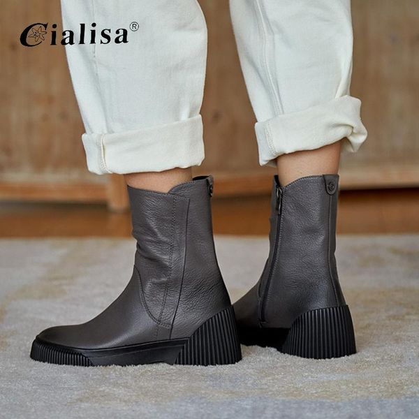 

cialisa women shoes fashion new design chunky heel boot 2020 zipper genuine leather round toe mid heel boot, Black