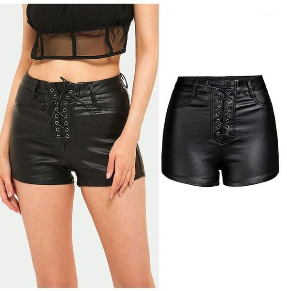 

2020 women's nightclub style black pu leather shorts high waist elastic tether imitation leather women high waist shorts1, White;black