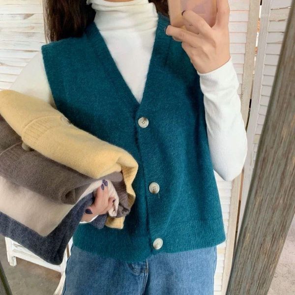 

women's knits & tees women korean style loose single breasted knit vests female solid v-neck cardigans ladies short casual sweater open, White