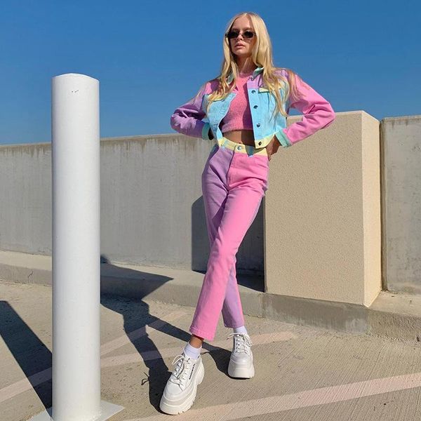 

pink sweet women's suit 2-piece contrasting color stitching casual suit female 2020 new sweet short jacket +slim-fit capri-pants, Gray