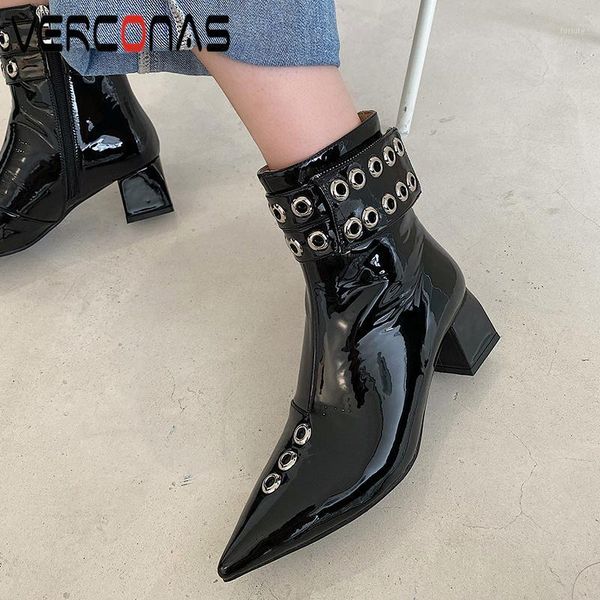 

verconas punk popular women ankle boots new pointed toe rivets shoes woman autumn winter casual genuine leather fashion boots1, Black