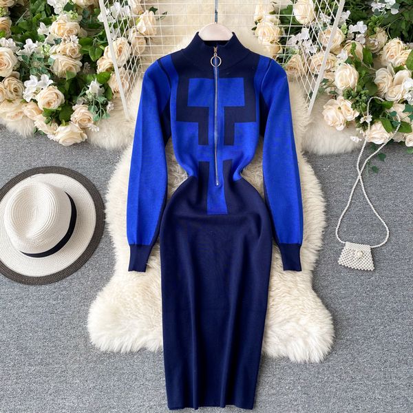 

2021 new vintage female singiny knitted or crocheted... elastic neck sheath pencil... dress solid autumn... long zippers... 0tvz, Black;gray