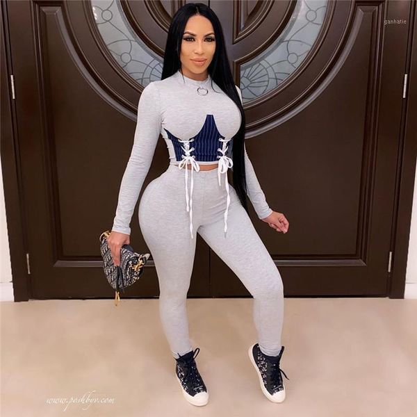 

sport two piece outfits women long sleeve lace up crop +leggings pants set 2 pieces tracksuit women sweat suits set1, Gray