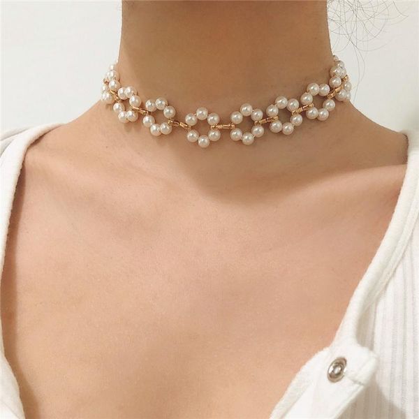 

luokey geometric pearl choker collar women wedding anniversary elegant jewelry beads chain flower chockers necklaces wholesale, Golden;silver