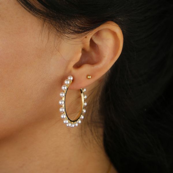 

hoop & huggie gold color fresh sea pearl beads big circle round earrings for women ladies fashion simulated gorgeous jewelry gifts, Golden;silver
