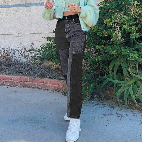 

women's 2021 new street fashion and high street gray black jointed high-waisted slimming straight-leg jeans loose long trousers, Blue