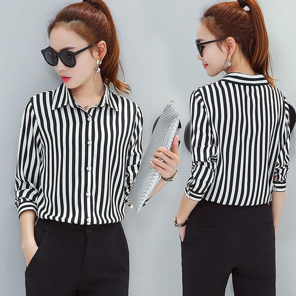 

v neck long sleeve casual shirt red black striped office lady work blouse 2019 spring autumn new fashion turn down collar top, White