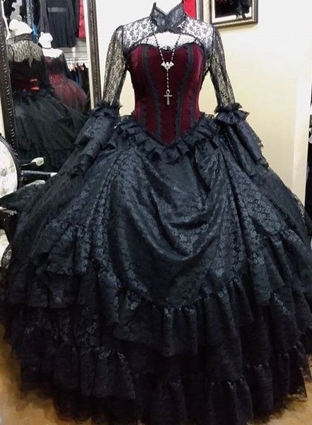 Vintage preto e borgonha vitoriano vestido de noiva mangas compridas espartilho espartilho gótico vestido de baile nupcial vestidos alto pescoço laço camiseta comprimento vestidos de casamento