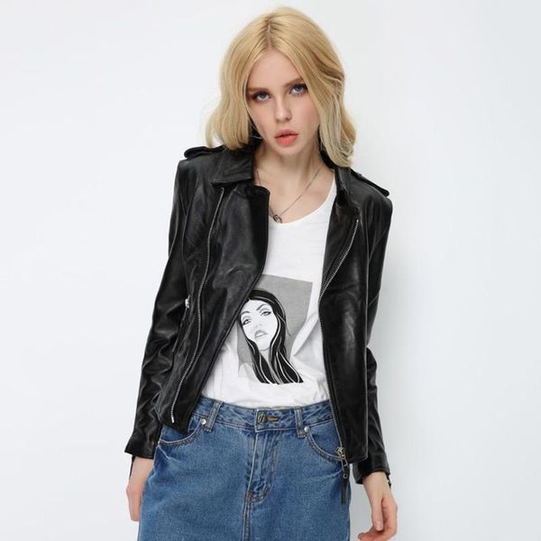 

women's leather & faux women black lambskin genuine jackets autumn slim short motorcycle biker coats ladies real outwear chaqueta mujer