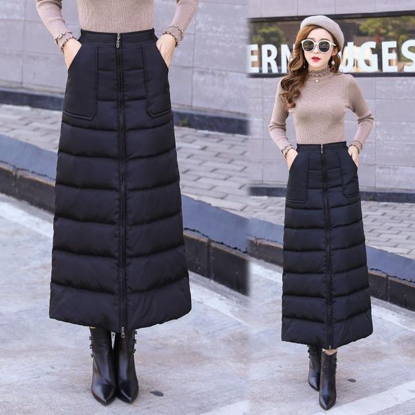 

brand woman skirt 2020 new autumn winter down skirts womens plus size clothes korean style tall waist windbreak clothing, Black