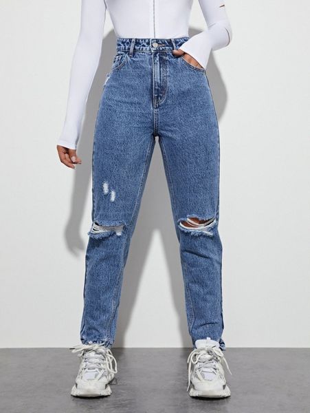 

high waist ripped straight leg jeans x1hp#, Blue