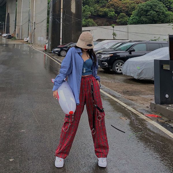 

punk chain wide leg pants women high waist plaid pants for women 2020 vintage checkered pants streetwear hip hop fashion, Black;white