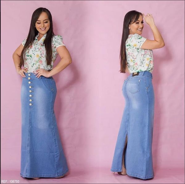 

vintage fish tail denim skirt women jeans floor maxi long skirt back slit mermaid trumpet empire high waist stretchy j9d791, Black