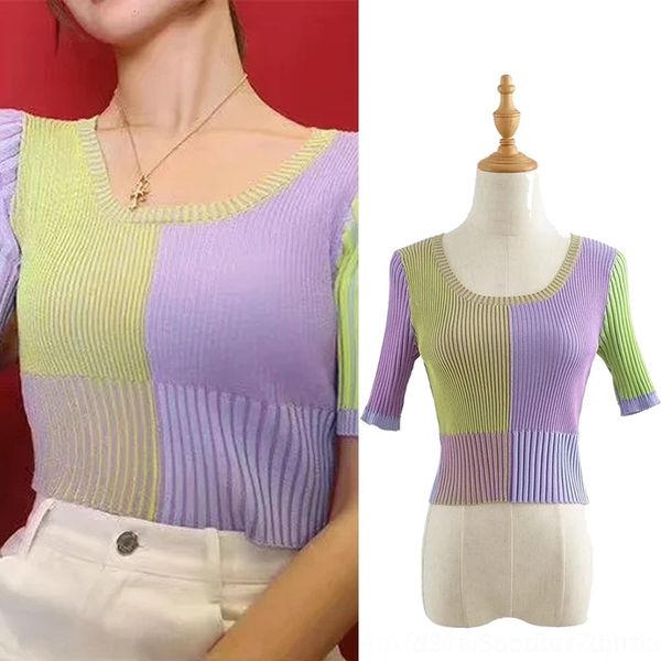 

0vtci summer spring 2020 new slim pullo t-shirt splicing rainbow stripe short navel short sleeve t-shirt fashion girl pullover pulloverto, White