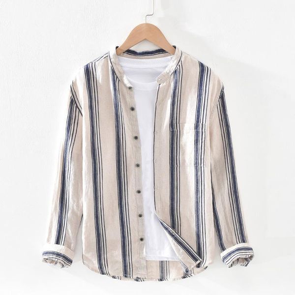 

quality striped 100% linen long sleeve shirts men summer breathable flax dress shirt camisas para hombre men's clothing ts-6141, White;black