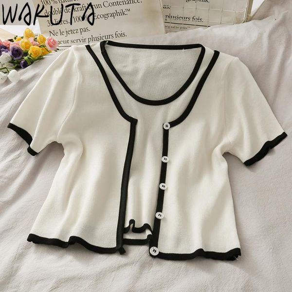 

wakuta patchwork cropped knitted cardigan women summer 2021 casual sweet short sleeve contrast color chic fake 2 piece t shirts, White