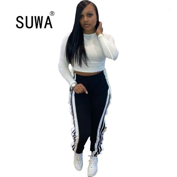 

side ruffles patchwork high waist pants lounge wear trousers women clothing 2020 black sportswear jogger sweatpants1, Black;white