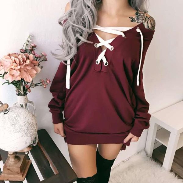 

autumn and winter new mid-length dress sweatshirt ladies pure color lace up pullover women sudadera mujer wn*, Black