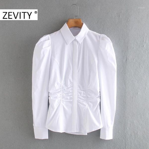 

zevity women fashion pleats puff sleeve casual slim smock chic blouse lady waist press pleat blusas femininas shirts ls72371, White