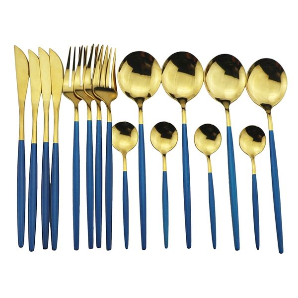 16 pcs azul cutelaria de ouro definido 304 de aço inoxidável conjunto de louça de ouro cozinha cozinha espelho de talheres coloridos conjunto de talheres 201116