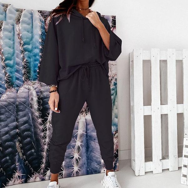 

fashion drop shoulder sleeve hooded sports running suit solid color casual women's home style autumn kg-269, Black;blue