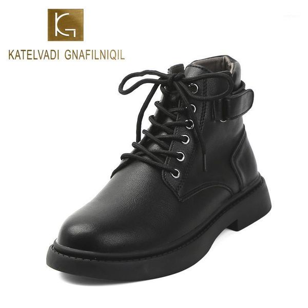 

katelvadi ankle boots brand split leather lace up woman shoes handmade slip-on square heel round toe boots xyl-0051, Black
