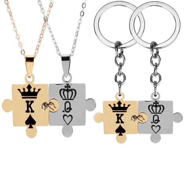 

couple gold king & queen couple necklaces keychain with crown stainless steel tag pendant necklace girl boys gift, Silver